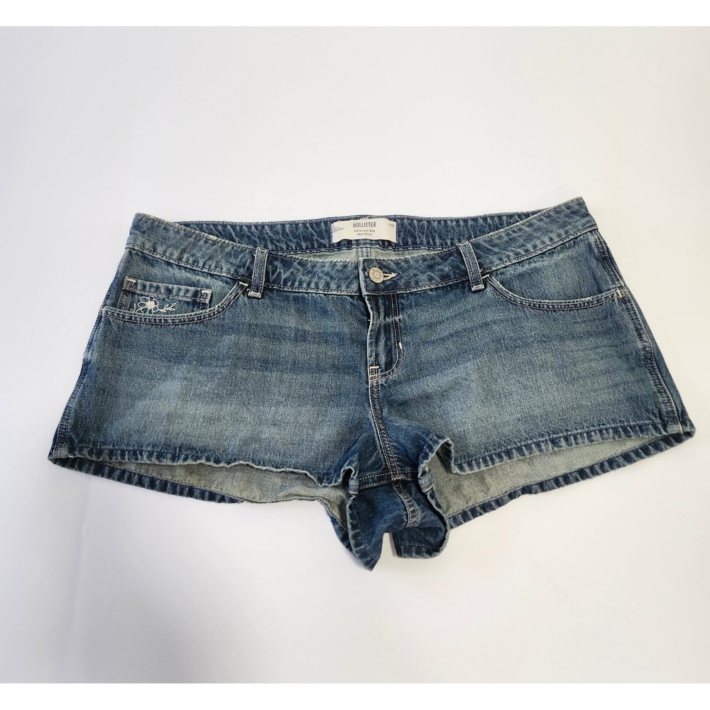 Hollister Ultra Low Rise Denim Mini Shorts Floral Embroidered Medium Wash Sz 16